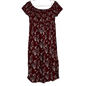 Haute Monday Burgundy Red Floral Smocked Bodice Off Shoulder Midi Dress Size M